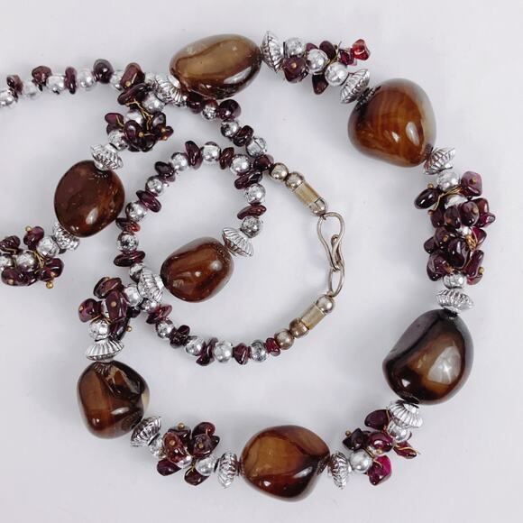 Vintage Brown Gemstone Agate Garnet Silver Tone Beaded Necklace 22" Boho Jewelry - Picture 13 of 16